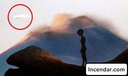 UFO sighting Alien white disk spotted flying through erupting volcano